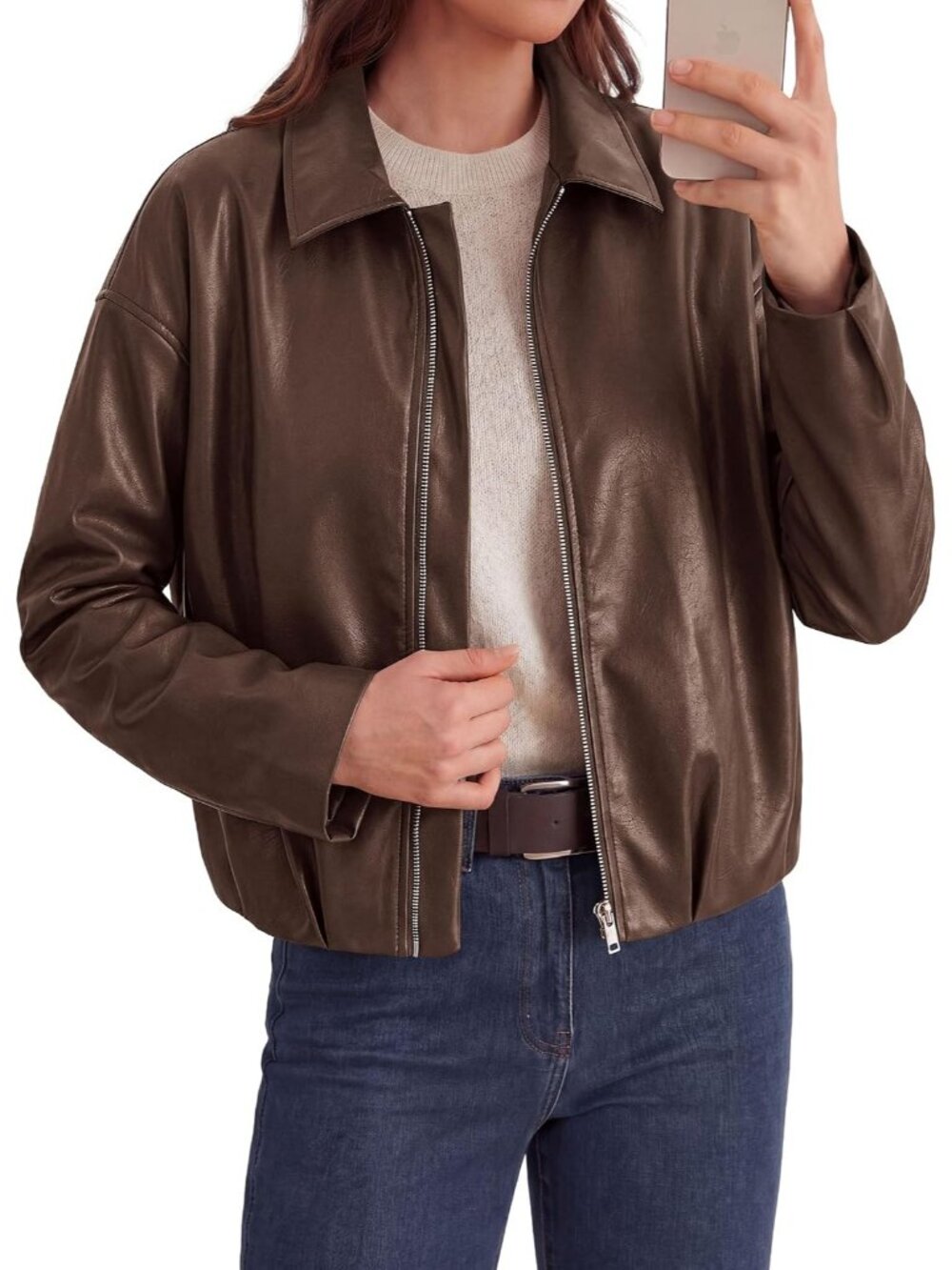 Women's Brown Faux Leather Motorcycle Jacket Cropped Zip Up Collared Fall Coat
